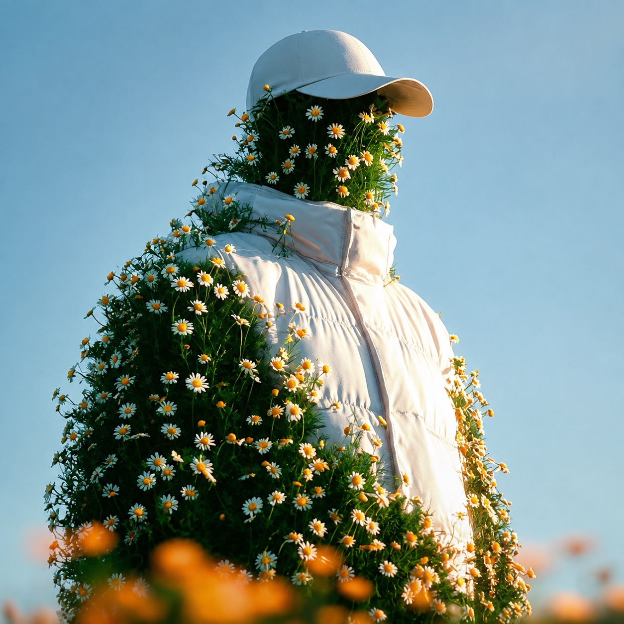 A figure in a white cap and puffer jacket overgrown with real daisies — a human made of flowers
